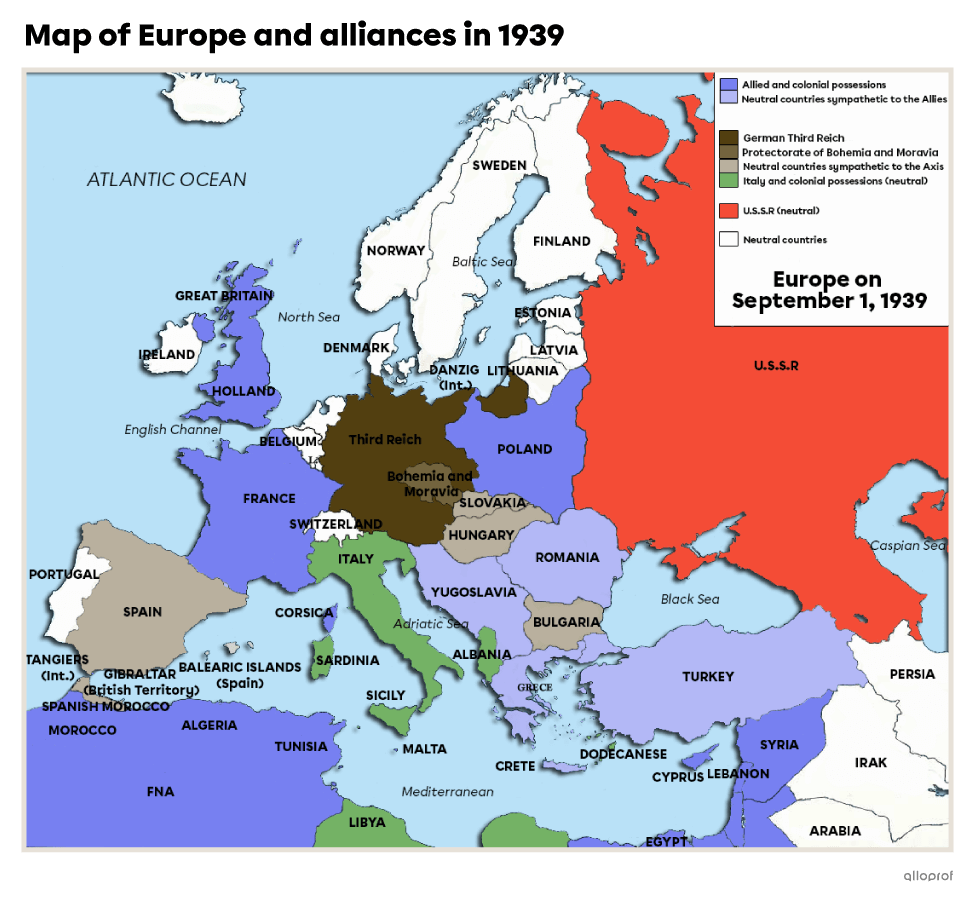 Map of Europe and alliances in 1939.