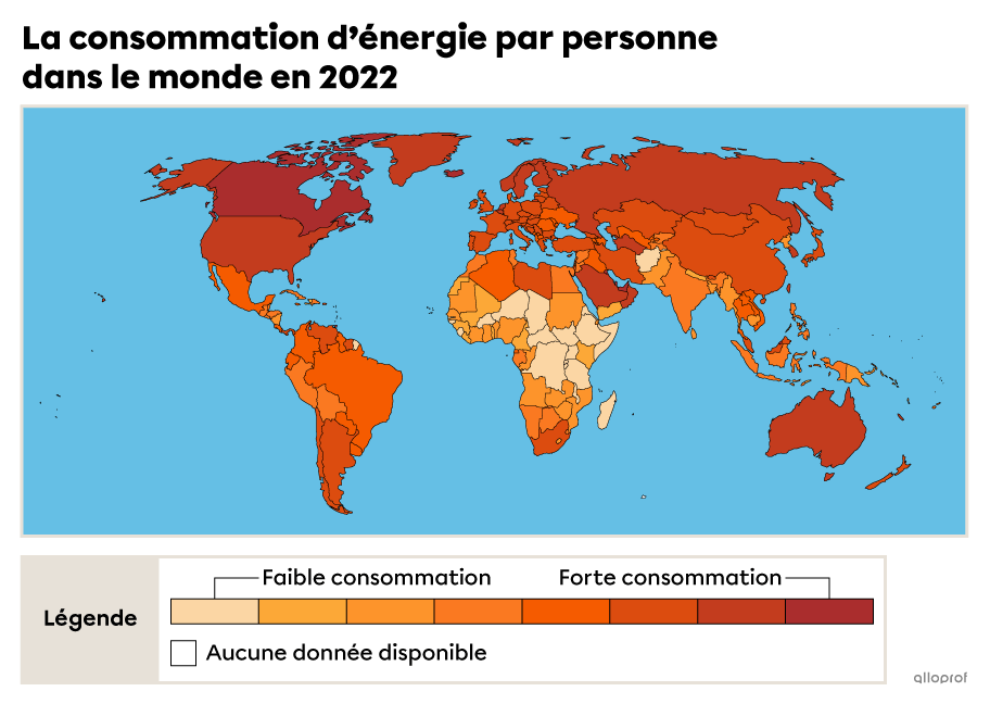 Carte de la consommation d’énergie par habitant dans le monde.