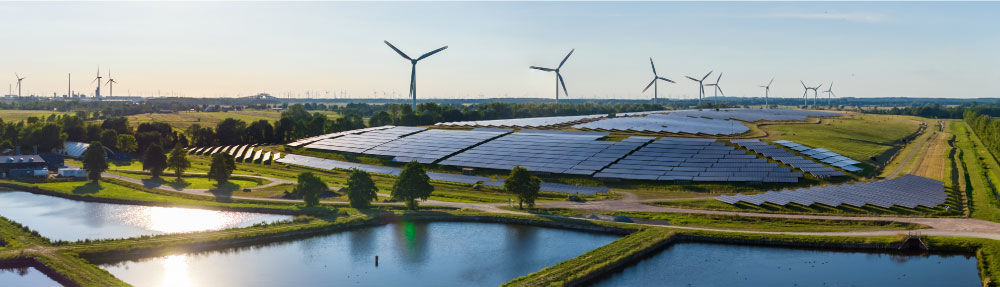 Photographie d’une installation de panneaux solaires et d’éoliennes.