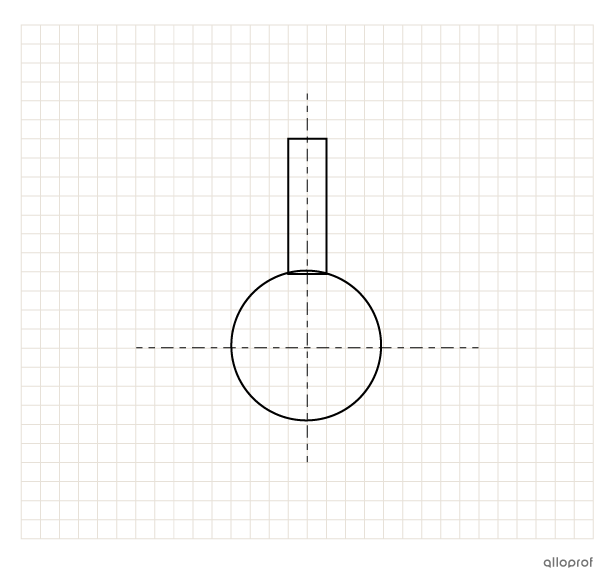 Technical drawing of a round-bottom flask based on geometric lines.