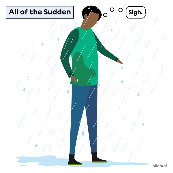 A man drenched by a sudden rain shower. 