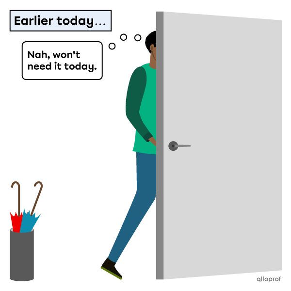 A man leaving his house without his umbrella. 