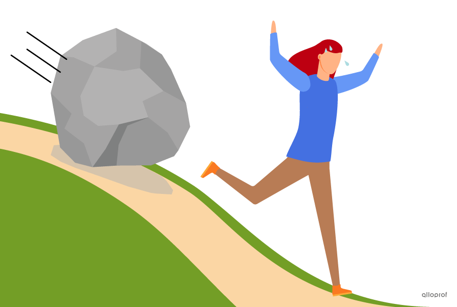 A person running away from a thundering boulder pursuing her.