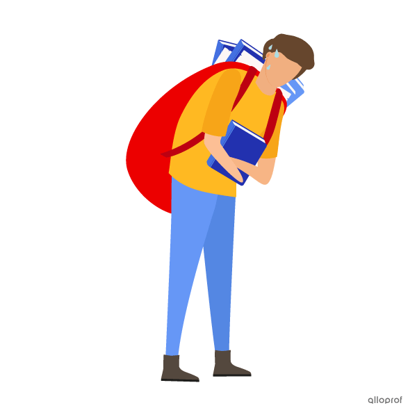 A young lad carrying a very heavy backpack.