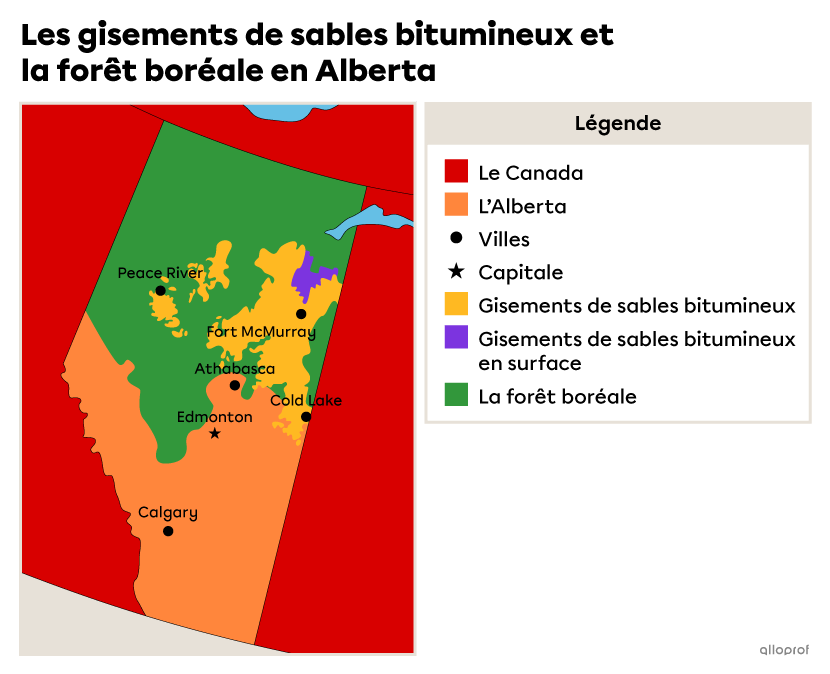 Carte des gisements de sable bitumineux et de la forêt boréale en Alberta.