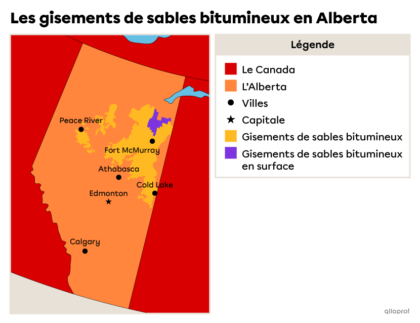 Carte des gisements de sable bitumineux en Alberta.