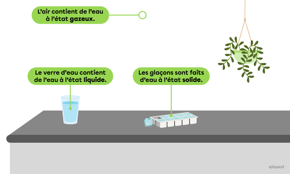 L’air contient de l’eau à l’état gazeux, la vapeur d’eau qui sort d’une bouilloire et un verre d’eau contiennent de l’eau à l’état liquide et des glaçons sont faits d’eau à l’état solide.