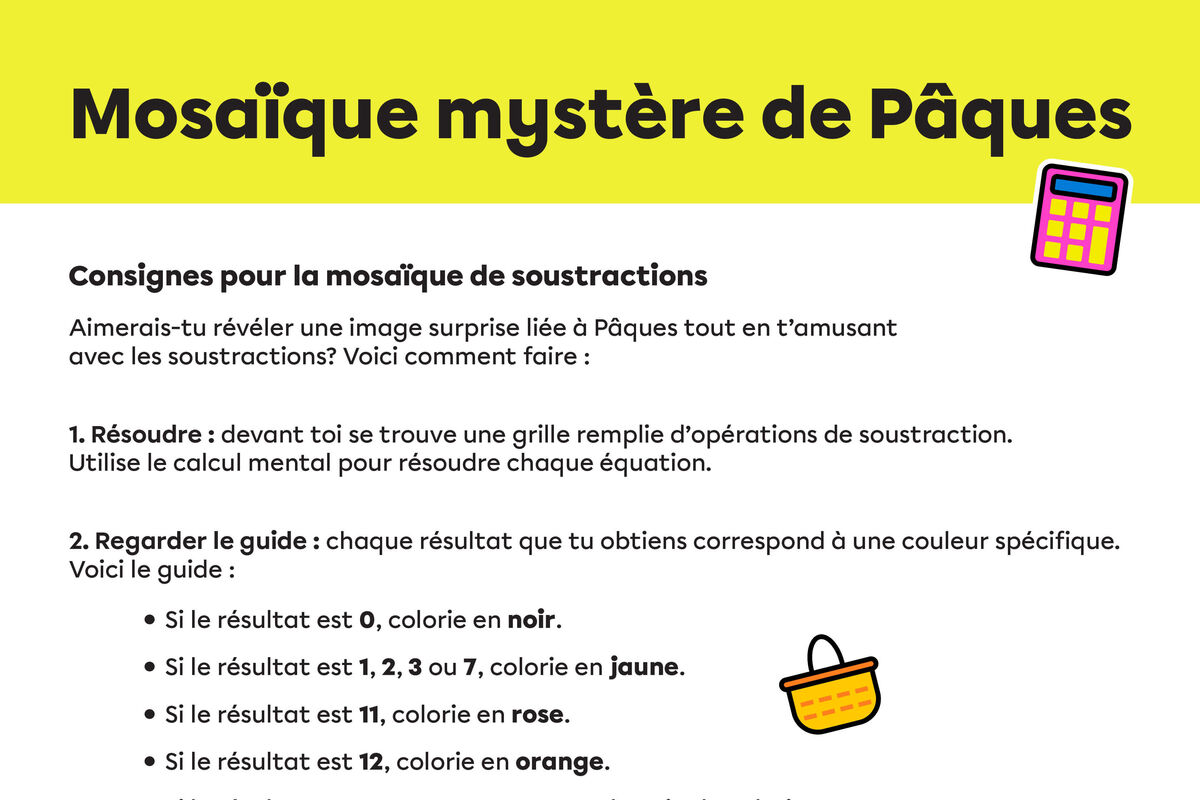 Mosaïques d’opérations mathématiques de Pâques - Soustractions.