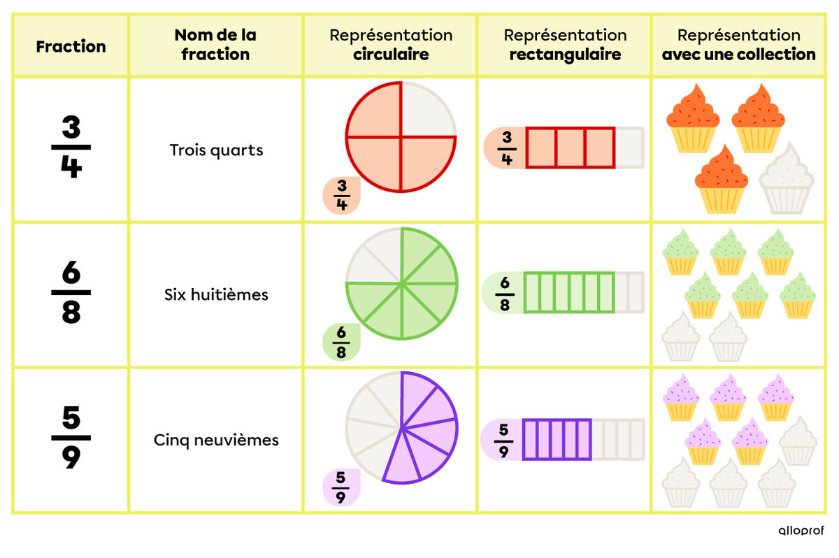 Exemples de représentations de fraction.