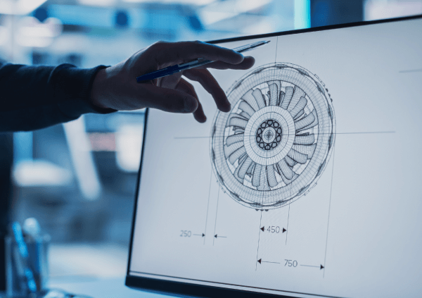 The dimensioning of a technical drawing of a propulsion engine made with technical drawing software.