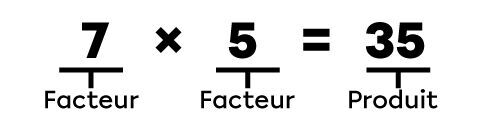 Dans la multiplication 7 fois 5 égale 35, 7 et 5 sont les facteurs et 35 est le produit.