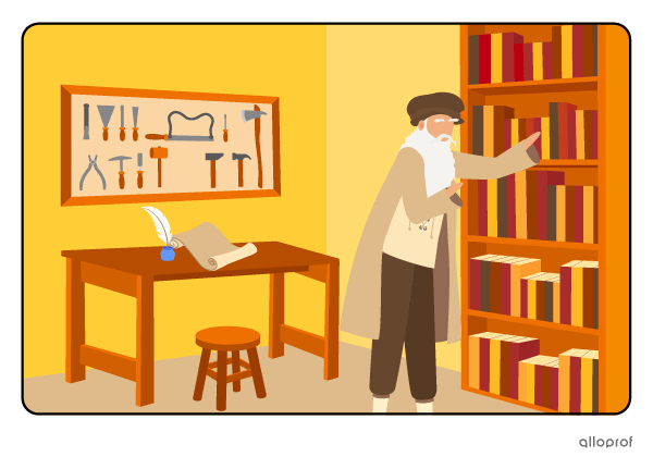 Leonardo da Vinci placing books in his bookcase.