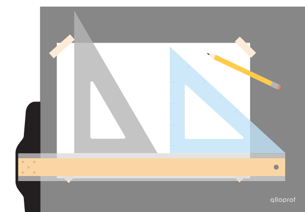 A sheet of white paper taped to a drawing board, a 45° square, a 30° - 60° square, a t-square, a pencil.