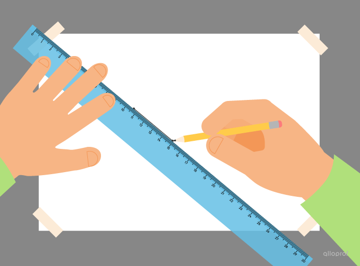 Positioning a ruler to draw an oblique line connecting two points.