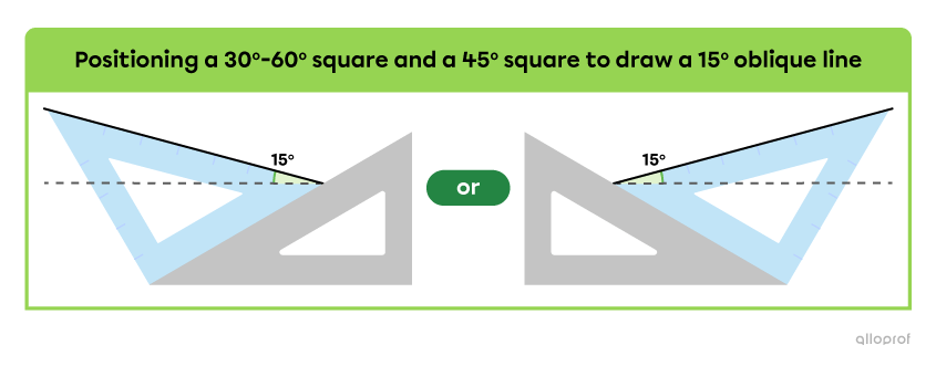 Positioning a 45° square and a 30°-60° square to draw 15° oblique lines.