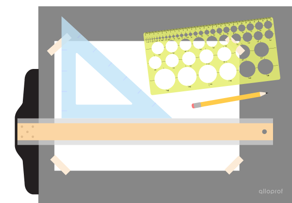 A sheet of white paper taped to a drawing board with tape, a circle template, a T-square, a pencil and a set square.