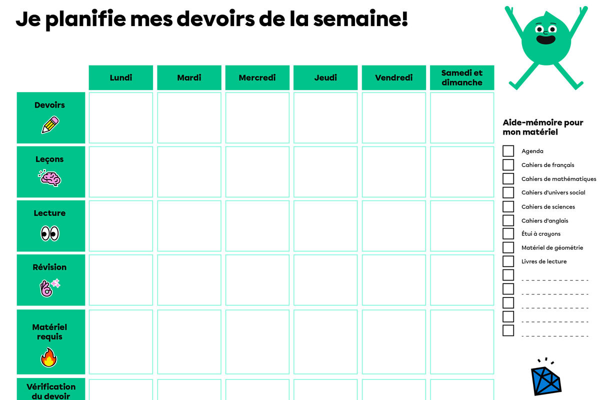 Calendrier : mes devoirs de la semaine