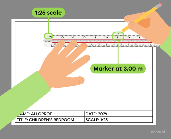 Drawing a 3-metre square on a 1:25 reduction scale.