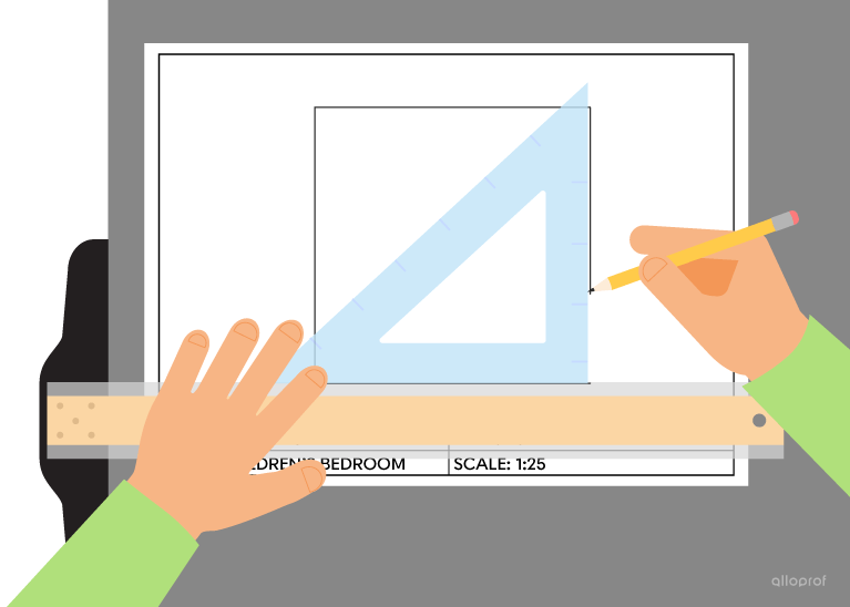 Drawing a vertical side of the square using a 45° square and a T-square.