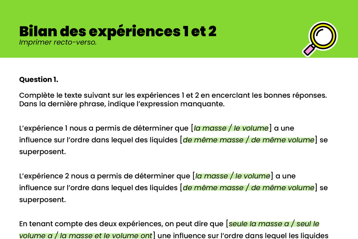 Bilan des expériences