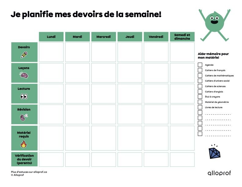 Je planifie mes devoirs de la semaine!