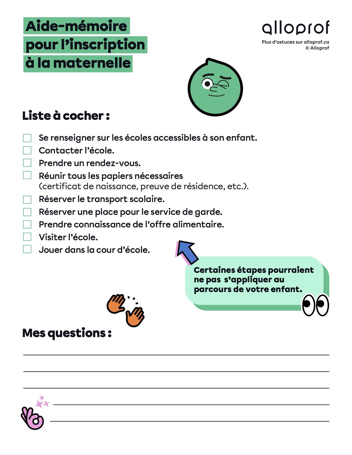 Aide-mémoire pour l'inscription à la maternelle