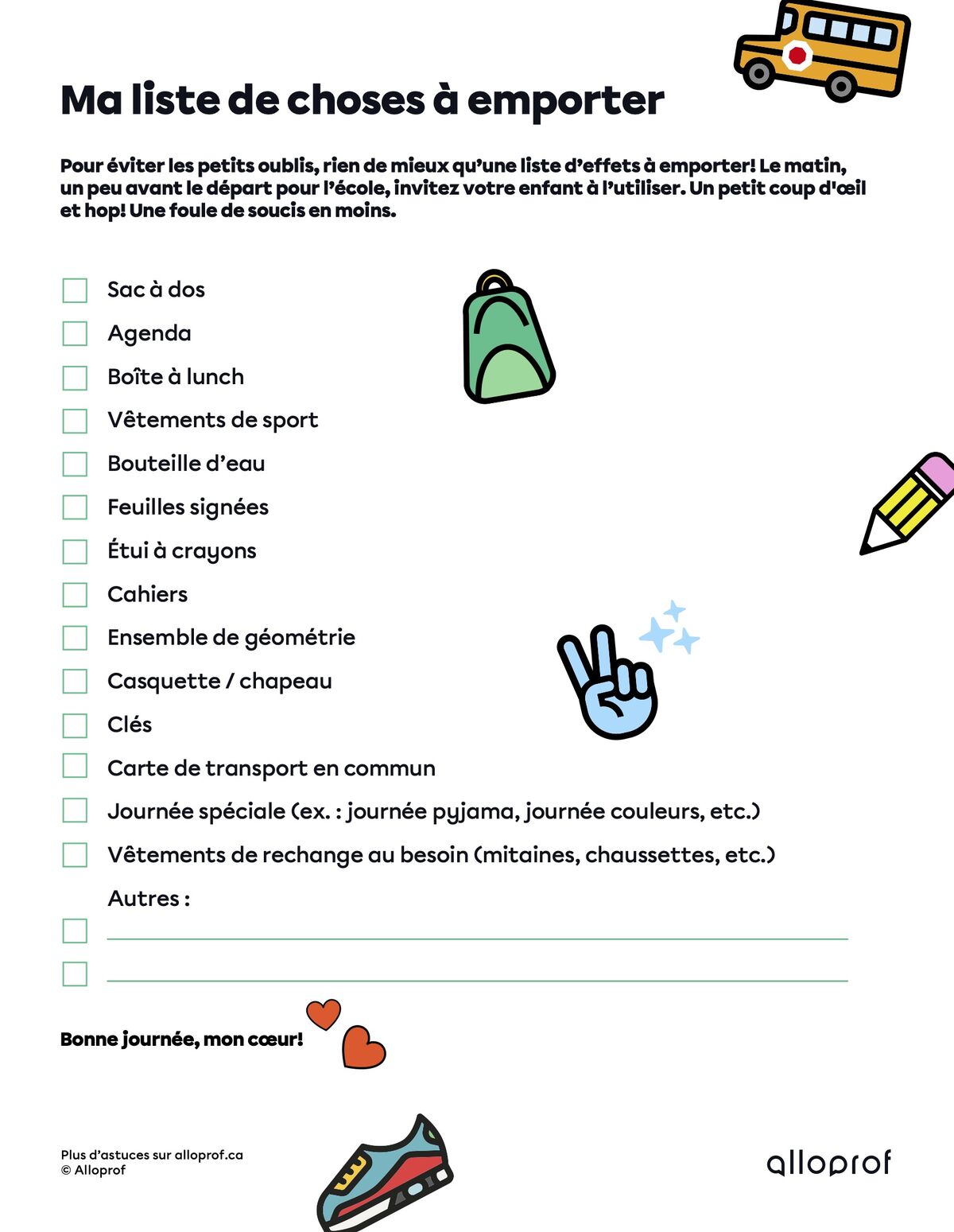 Ma liste de choses à emporter à l'école