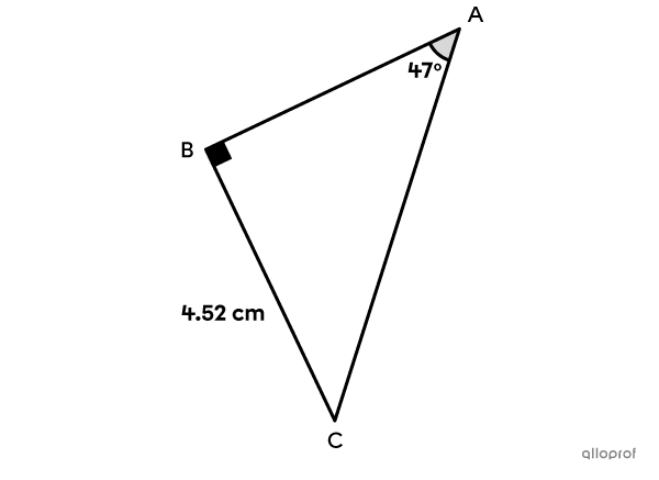 Finding the length of the hypotenuse in a right triangle using the sine ratio.