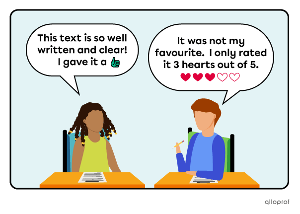 Two students sharing thoughts about a text and using symbols such as thumbs up and stars to express their appreciation.