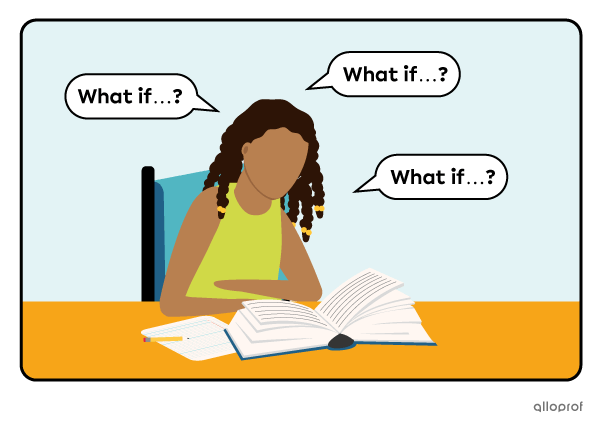 Student reading a text and asking herself questions beginning with “What if…” to try and figure out different outcomes or alternatives to the story.