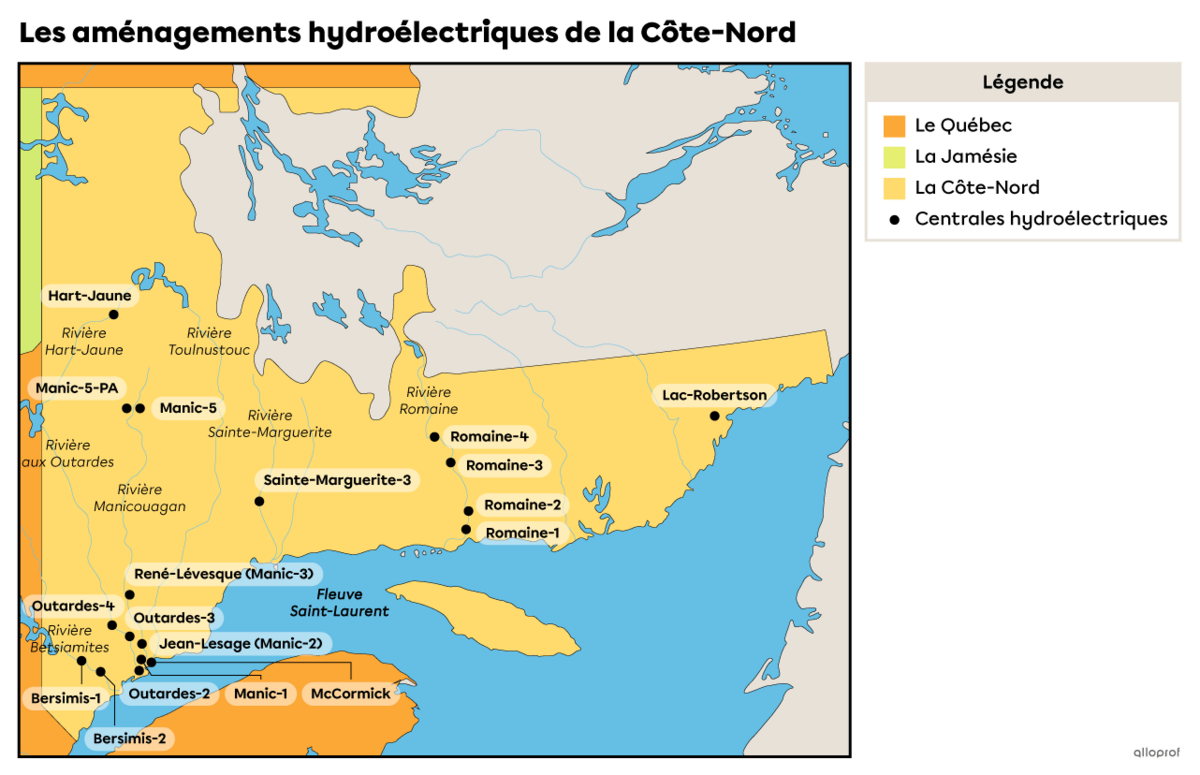 Carte des aménagements hydroélectriques de la Côte-Nord.