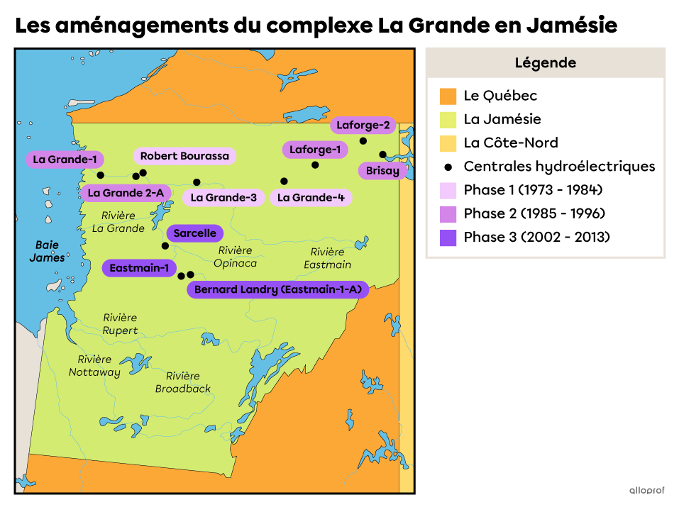 Carte des aménagements du complexe La Grande en Jamésie.