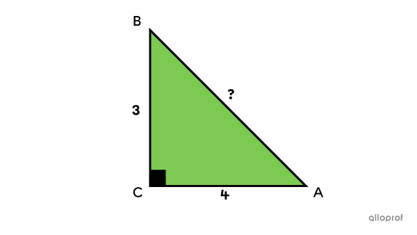 A right triangle for which the measure of the hypotenuse is sought.