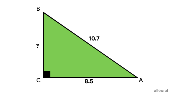 A right triangle for which one of the leg measurements is sought.