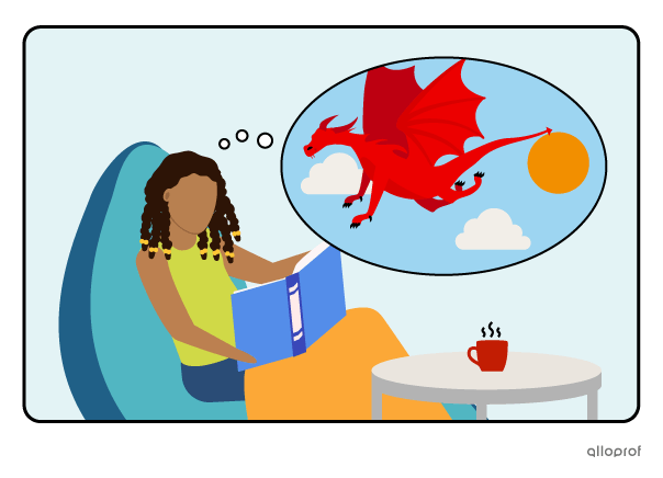 A person reading with a thought bubble that shows the picture of a dragon flying.