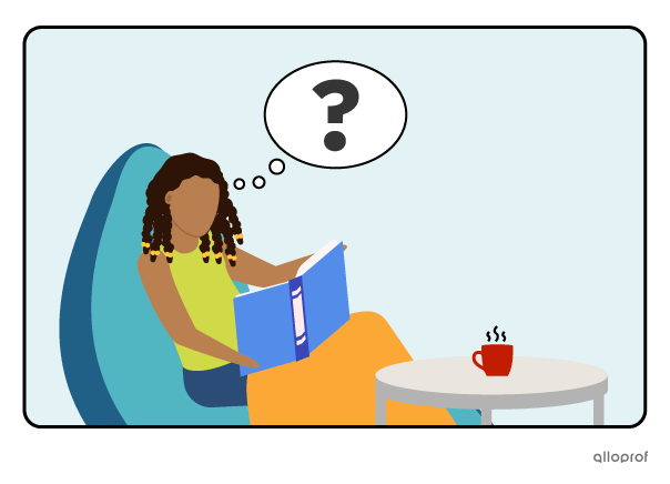 A person reading a book asking questions.