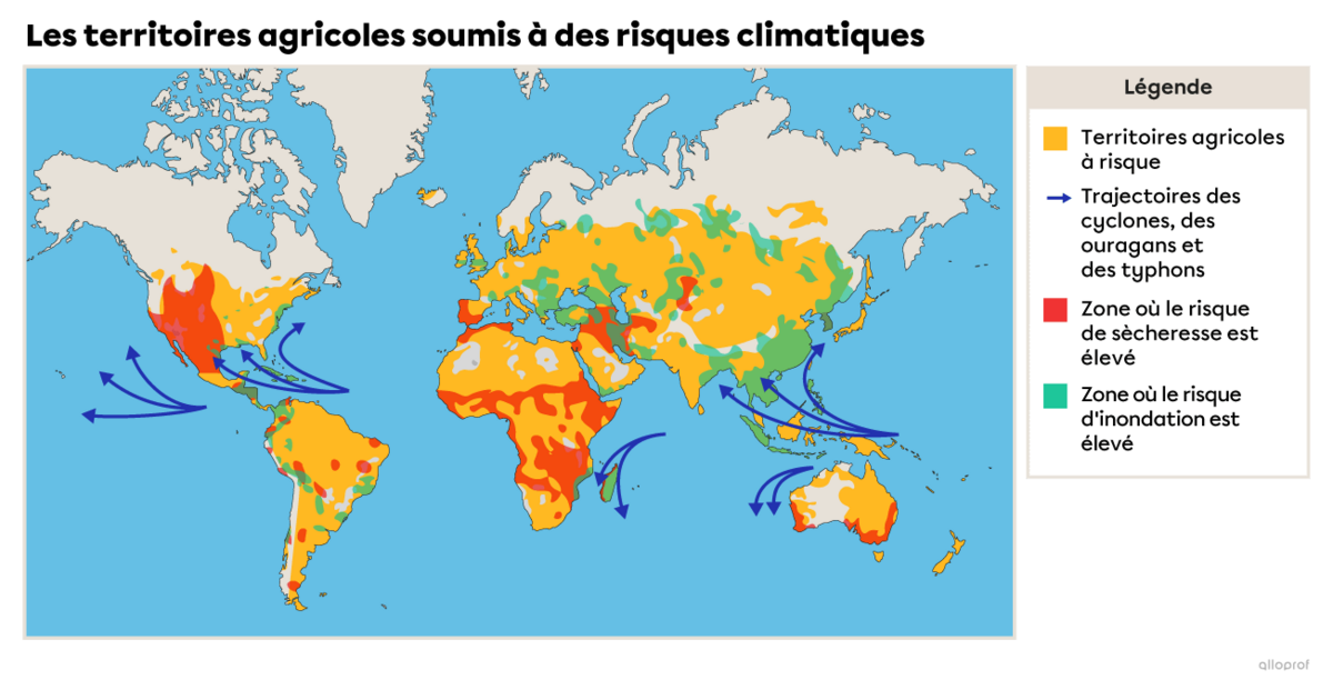 Les territoires agricoles soumis à des risques climatiques.