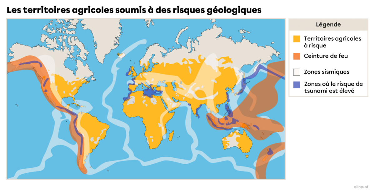 Les territoires agricoles soumis à des risques géologiques.