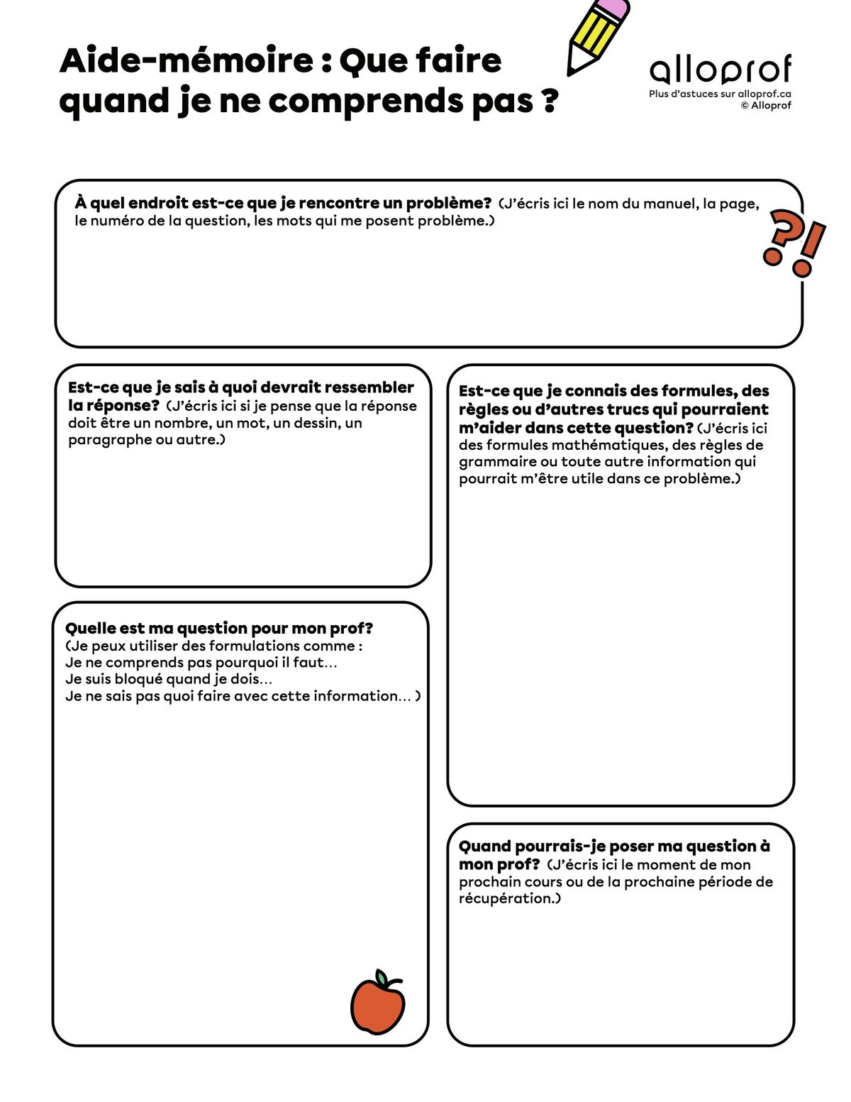 Aide-mémoire : Que faire quand je ne comprends pas?