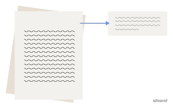 An arrow pointing from a full text on paper to a shorter text on an index card.