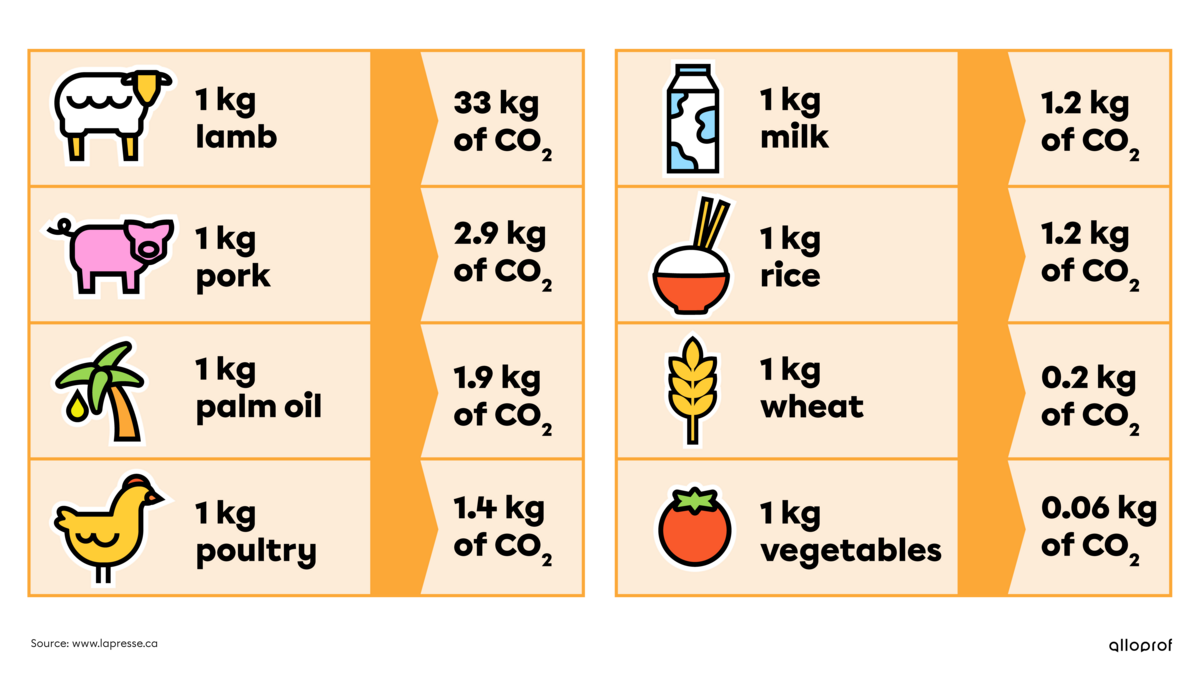 Carbon footprint (kg) of different food products.