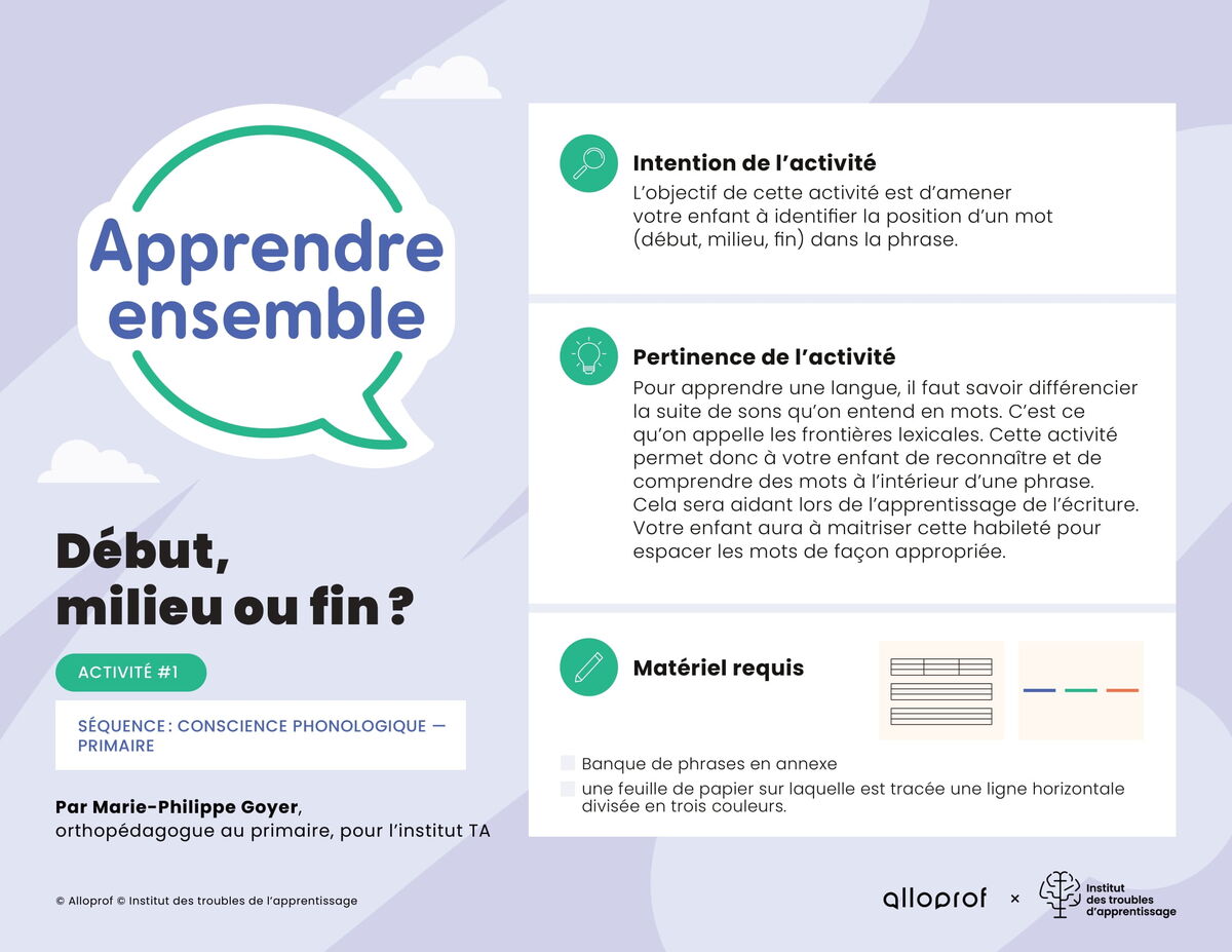 Activité no 1 : Début, milieu ou fin?