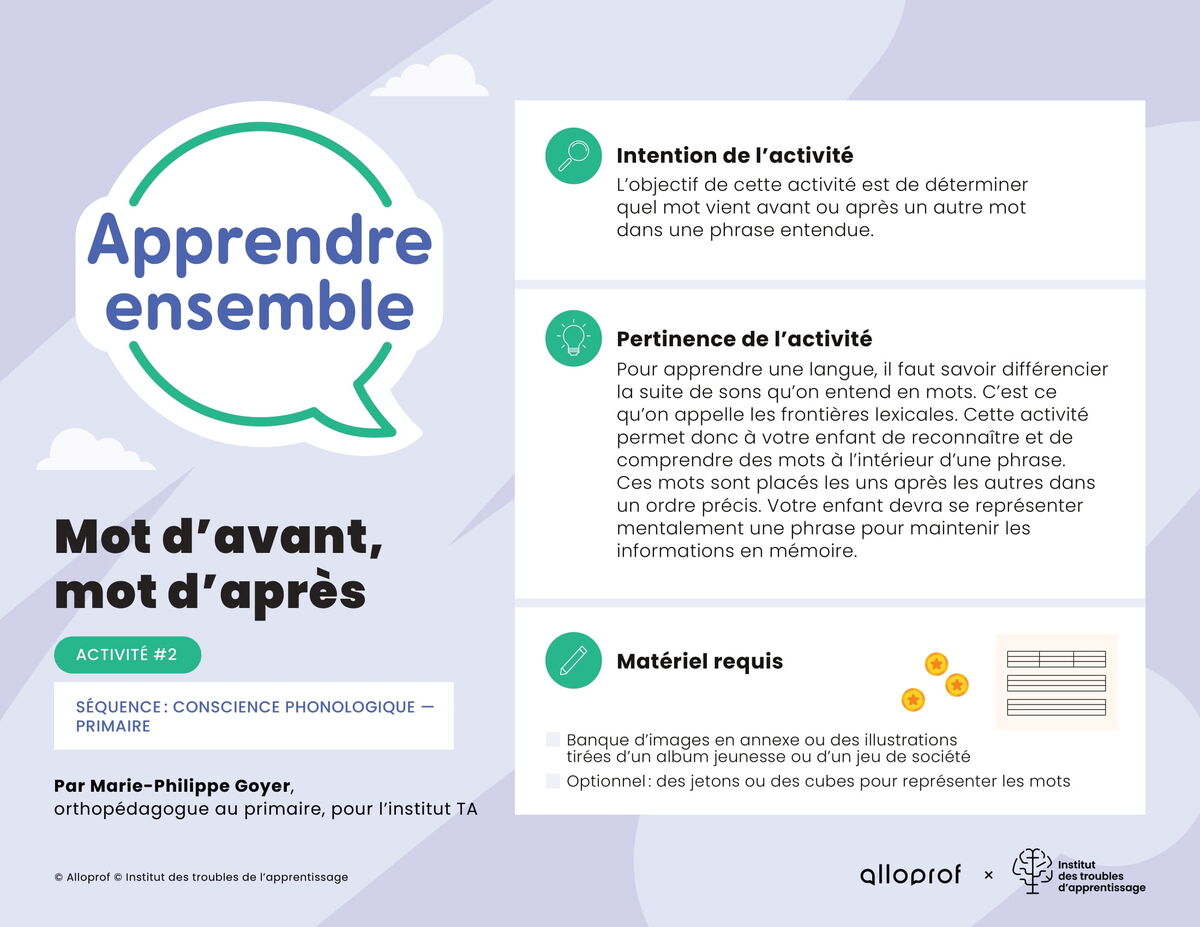 Activité no 2 : Mot d’avant, mot d’après