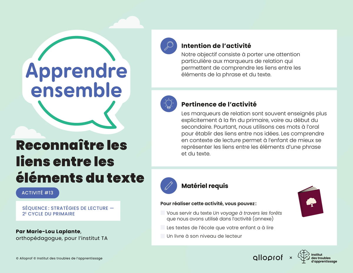 Activité no 13 : Reconnaître les liens entre les éléments du texte