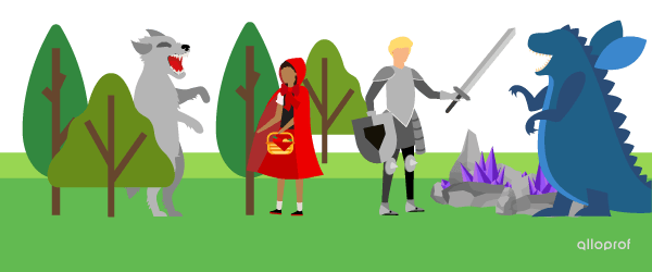 On one side, the Big Bad Wolf is following Little Red Riding Hood in the woods. On the other side, a knight and a dragon are facing off.