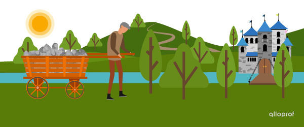 A peasant walking next to a horse cart, near a forest with a castle in the background.