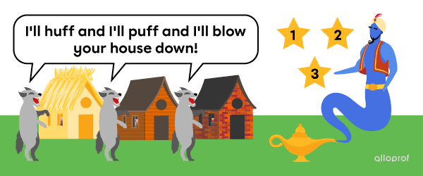 On one side, the Big Bad Wolf in front of each little pig’s house repeating “I'll huff and I'll puff and I'll blow your house down!” On the other side, a genie coming out of a lamp with 3 stars floating above it.