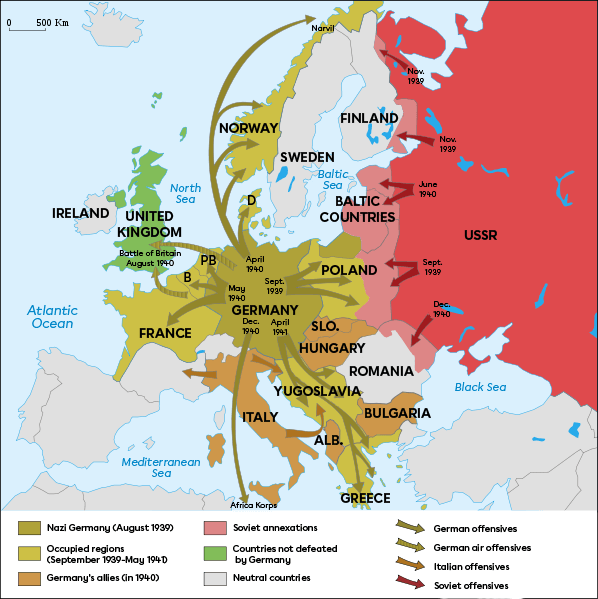A map of the Axis conquests between 1939 and 1942.