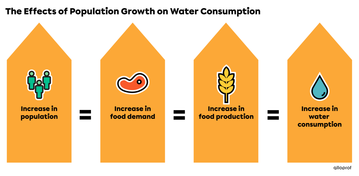 Diagram explaining the impact of population growth on water consumption.