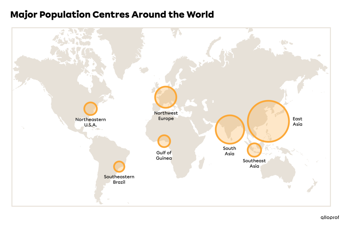 Map of major population centres around the world.